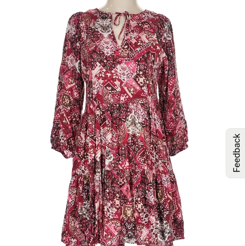 Calvin Klein Red Pink Balloon Sleeve Patchwork Print Dress Size 2